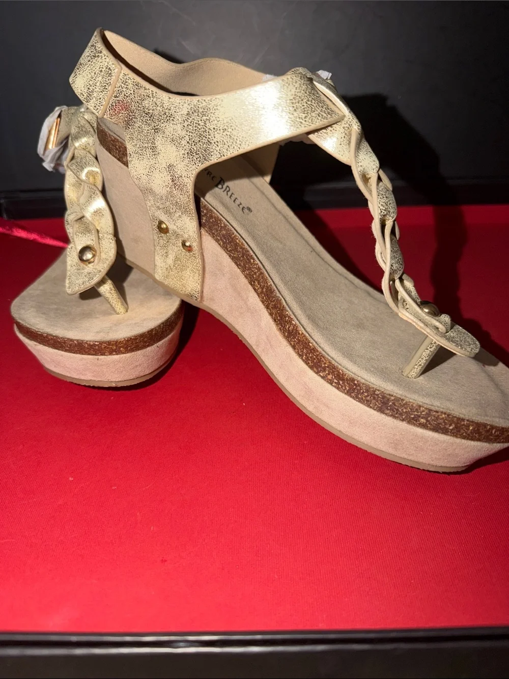 Natural Breeze NWOB Gold Braided T-Strap Wedge Sandals